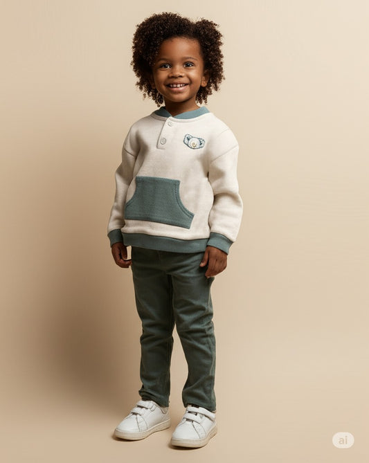 Cream & Sage Green Sweatshirt with Kangaroo Pocket – Obaïbi